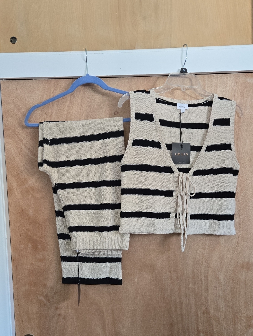 Le Lis Collection. Cream & Black Striped Knit Tie-Front Vest and Pants Set